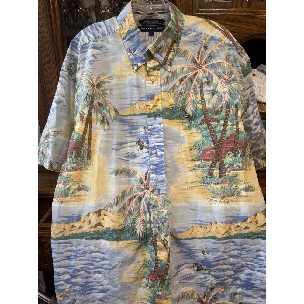 Tommy Hilfiger Men's Hawaiian Short‎ Sleeve Shirt Button Down Large Vacay Retro